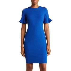 Calvin Klein Ruffle Short Sleeve Sheath Dress Blue 10